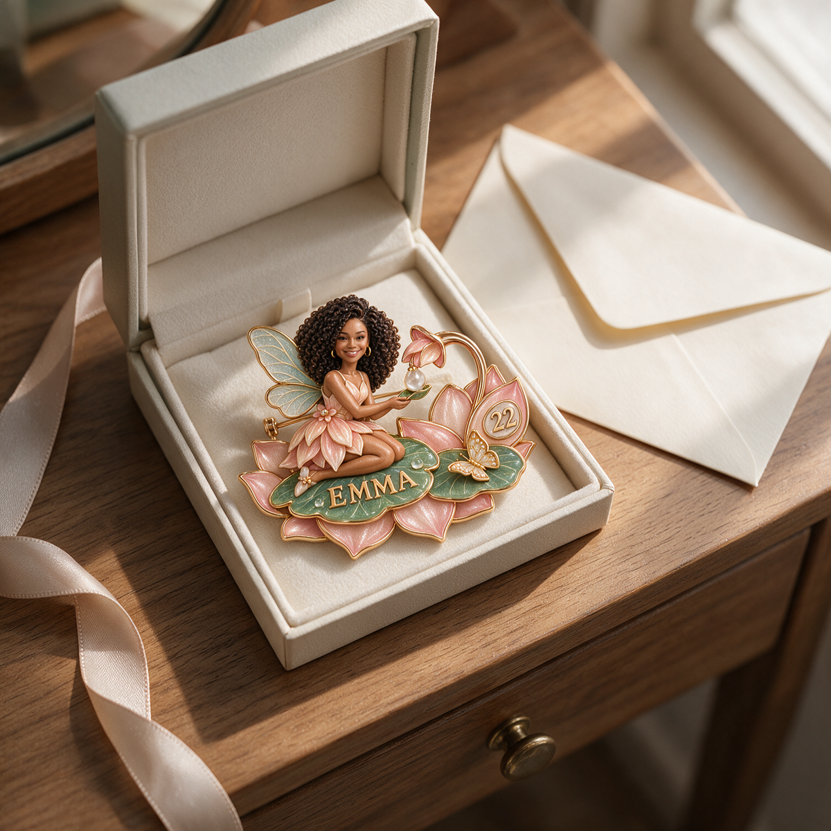 Personalisierte Lotus-Dew Wunschfee Brosche - Geburtstagsgeschenk mit Foto, Name und Alter
