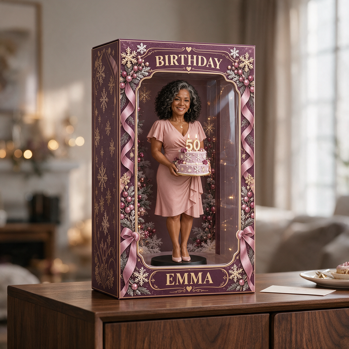 Personalized Custom Photo Winter Snowflake Figurine in Acrylic Display Box - 50th Birthday Gift for Women