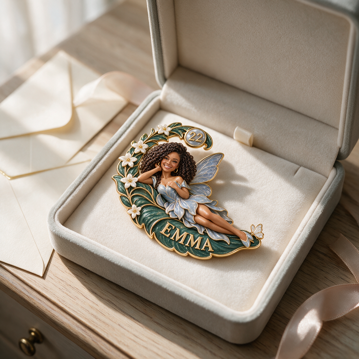 Personalized Reclining Fairy Brooch - Birthday Gift with Custom Photo, Name and Age, Crescent Fern Leaf