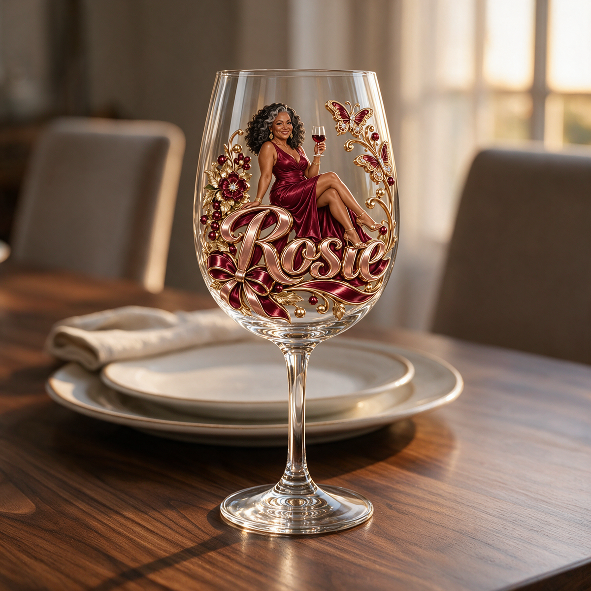 Personalized Custom Photo Floral Butterfly Wine Glass - Gift for Older Women