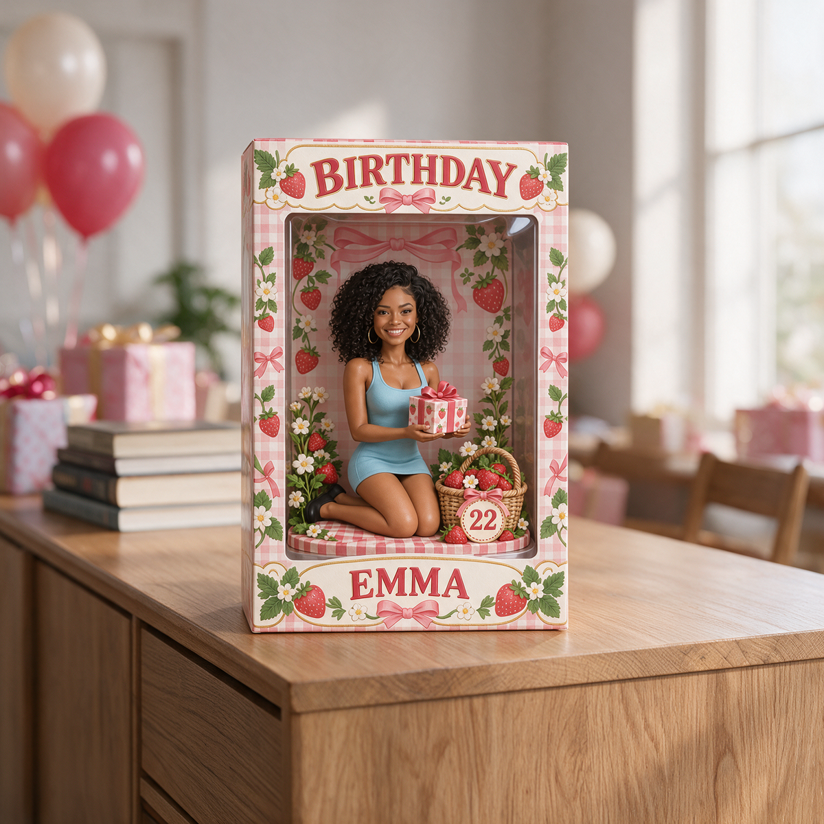 Personalized Birthday Window Box - Strawberry Portrait Figurine, Name and Age