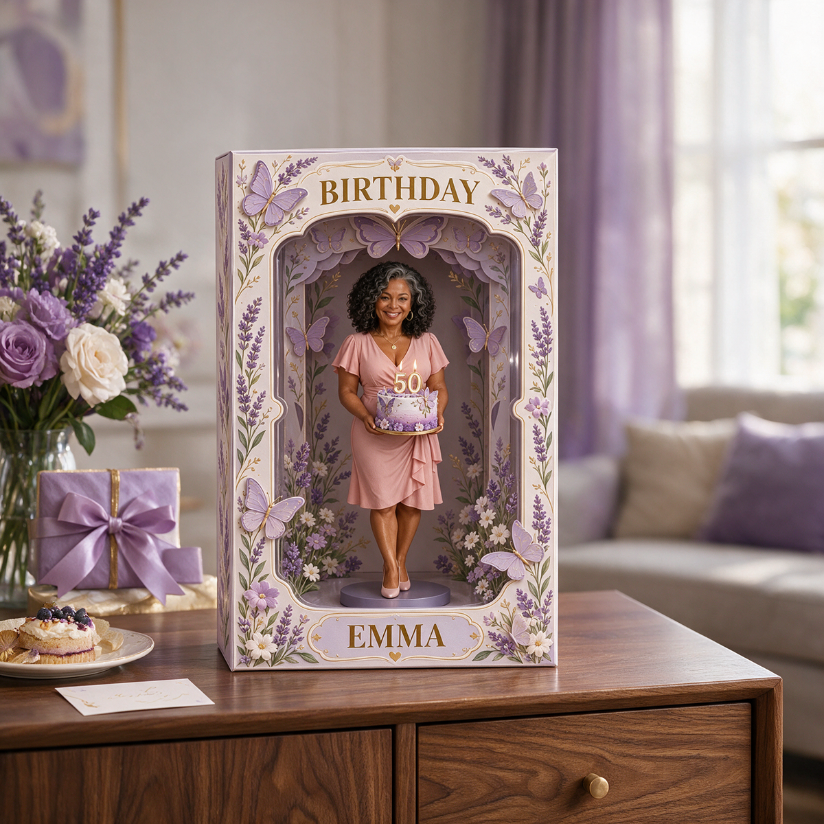 Personalized Custom Photo Lavender Butterfly Figurine in Acrylic Display Box - 50th Birthday Gift for Women