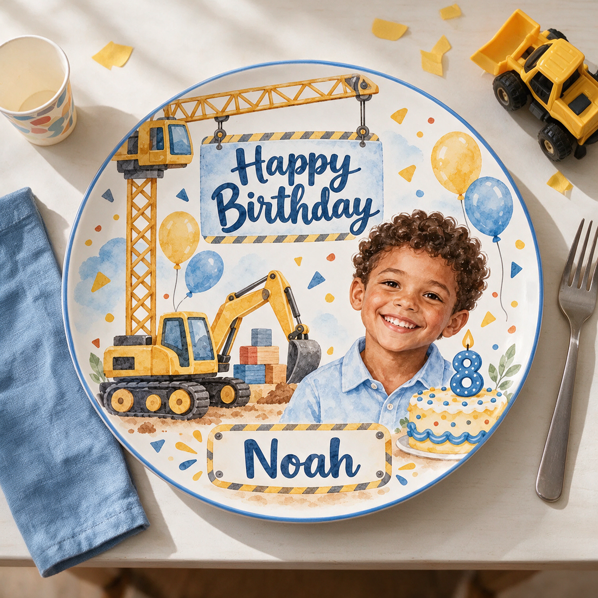 Personalized Construction Ceramic Plate - Birthday Watercolor Portrait, Custom Name and Age