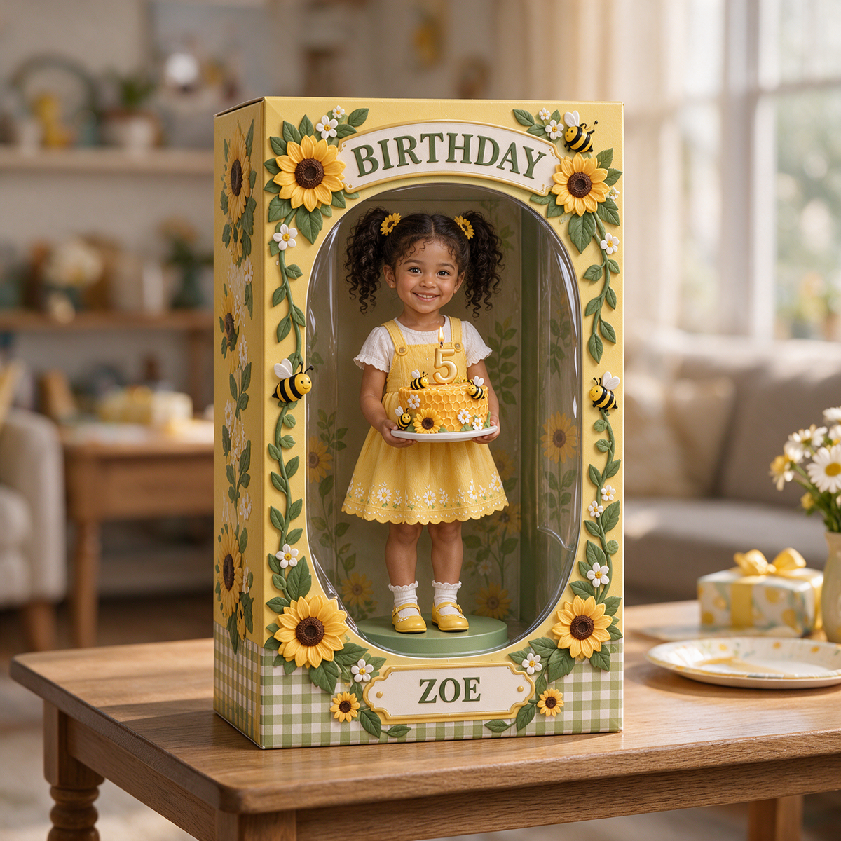 Personalisierte benutzerdefinierte Foto Sonnenblume Biene Acryl Display Box - 5. Geburtstagsgeschenk für Mädchen