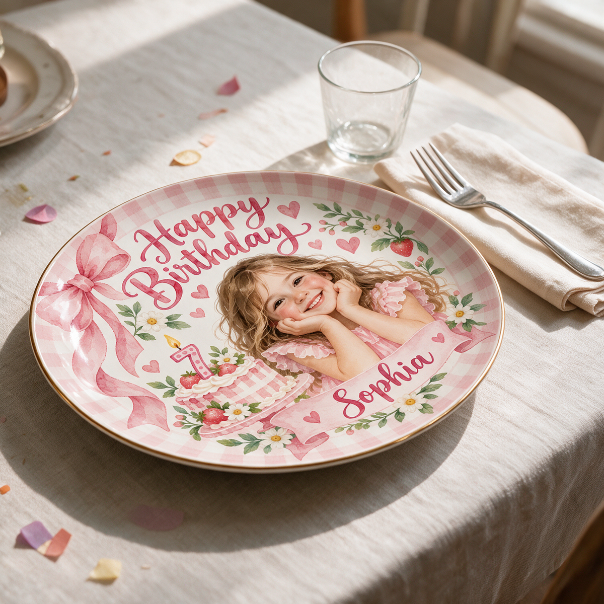 Personalized Birthday Ceramic Round Plate - Custom Portrait, Name and Age, Pink Bow and Floral Design