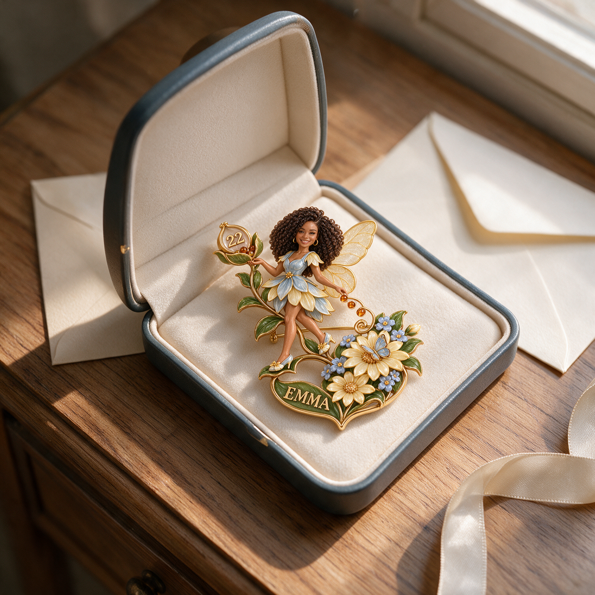 Personalisierte Wildblumen Samenhalter Fee Brosche - Geburtstagsgeschenk mit Foto, Name und Alter