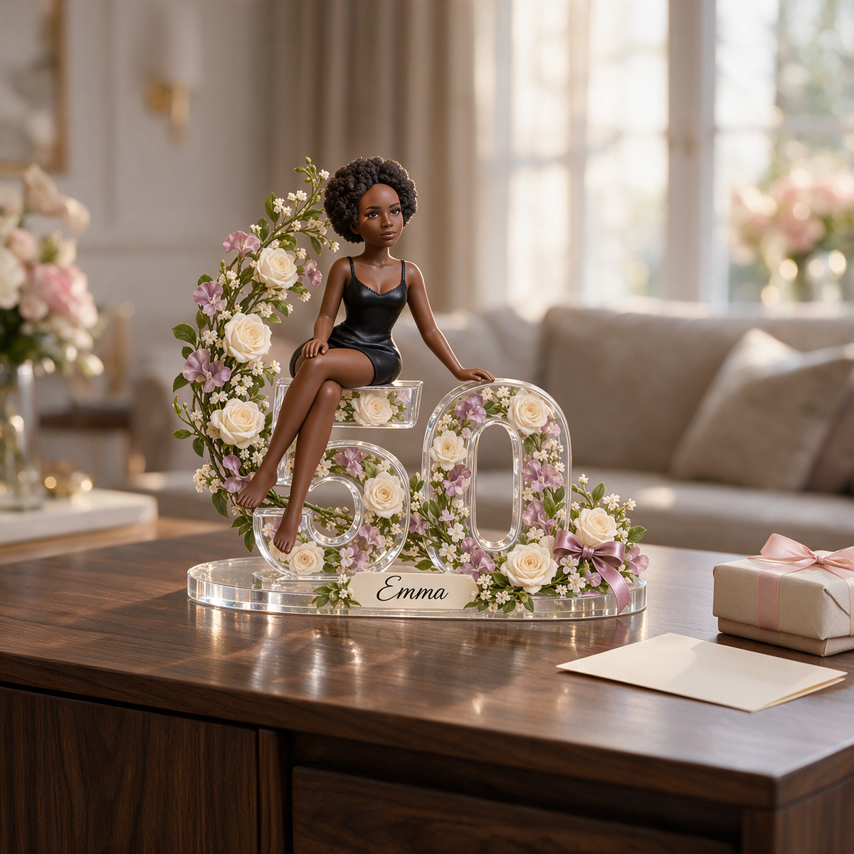 Personalized 50th Birthday Acrylic Figurine - Custom Picture Floral Keepsake for Her