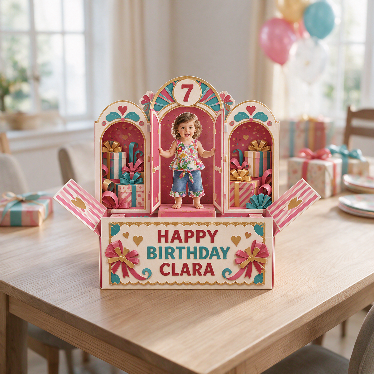 Personalized Birthday Pop Up Box Card - Arched Windows with Custom Photo, Name and Age