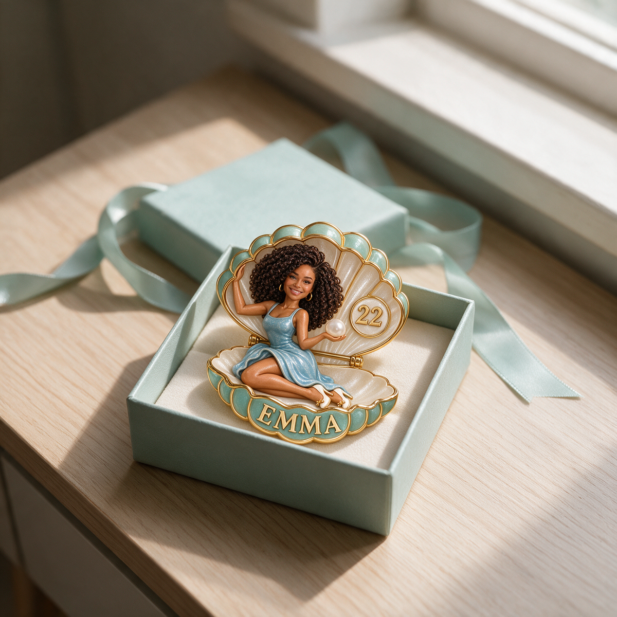 Personalized Birthday Shell Brooch - Pearl, Portrait, Name and Age