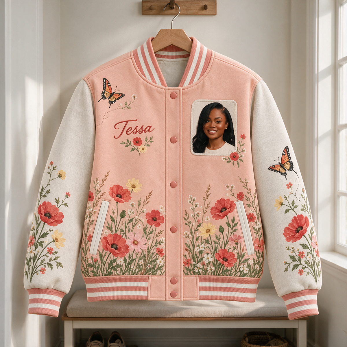 Personalized Poppy Meadow Varsity Jacket - Women's Photo and Name Botanical Design