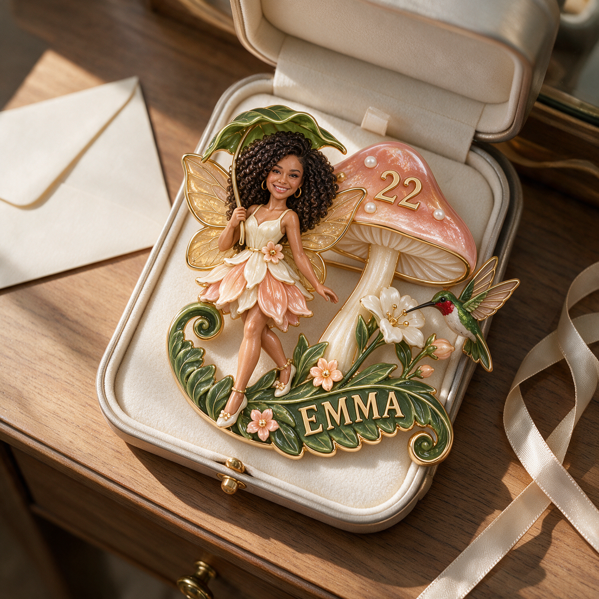 Personalized Fairy Garden Brooch - Birthday Gift with Custom Photo, Name and Age, Mushroom and Hummingbird