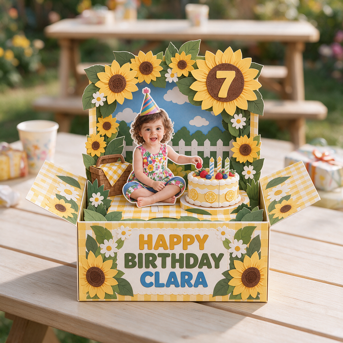 Personalisierte Sonnenblumen Pop-Up Box Karte - Geburtstagskuchen Picknick mit Foto, Name und Alter