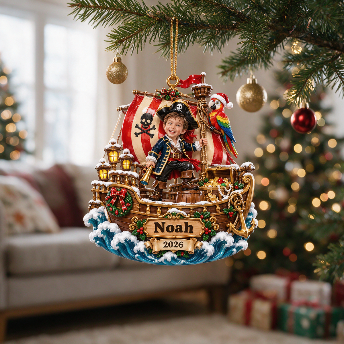 Personalized Custom Photo Pirate Ship 3D Ornament - 2026 Christmas Gift for Boys