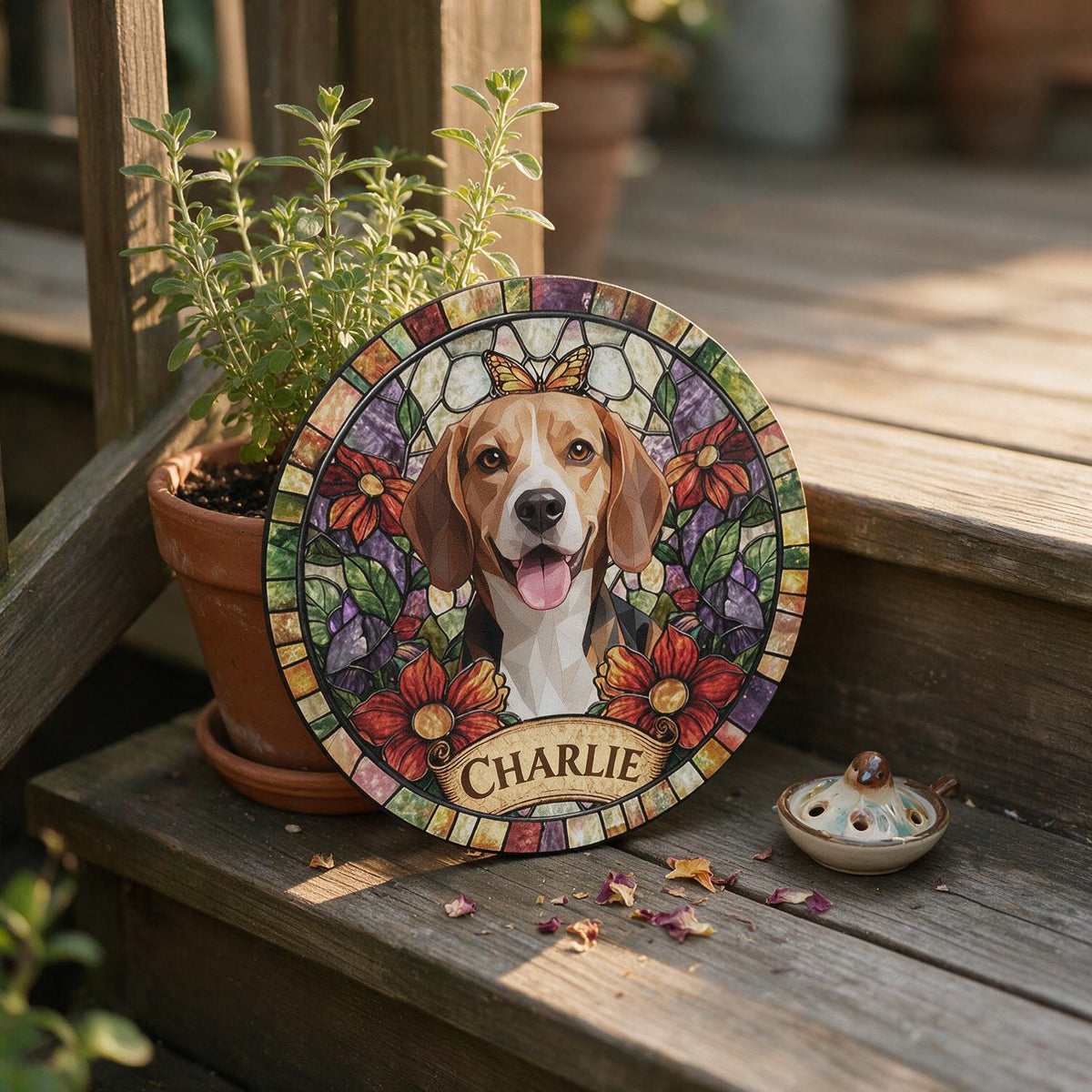 Personalized Smiling Beagle Stained Glass Style Garden Stone Pet Loss Memorial Gift