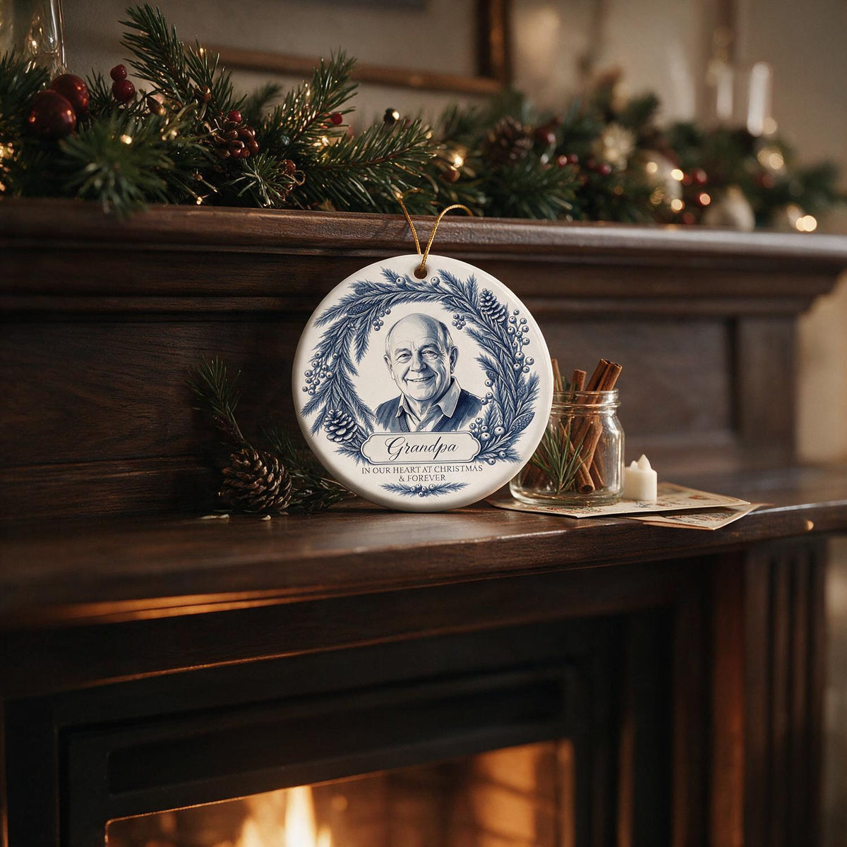 Personalized Christmas Memorial Grandpa Photo Ornament, Blue Willow Keepsake Gift