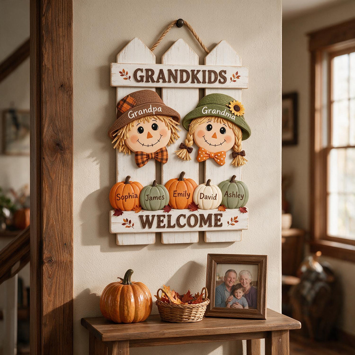 Personalisierte Herbst-Scheuche Großeltern Willkommen Holzschild, Enkelkind Geschenk