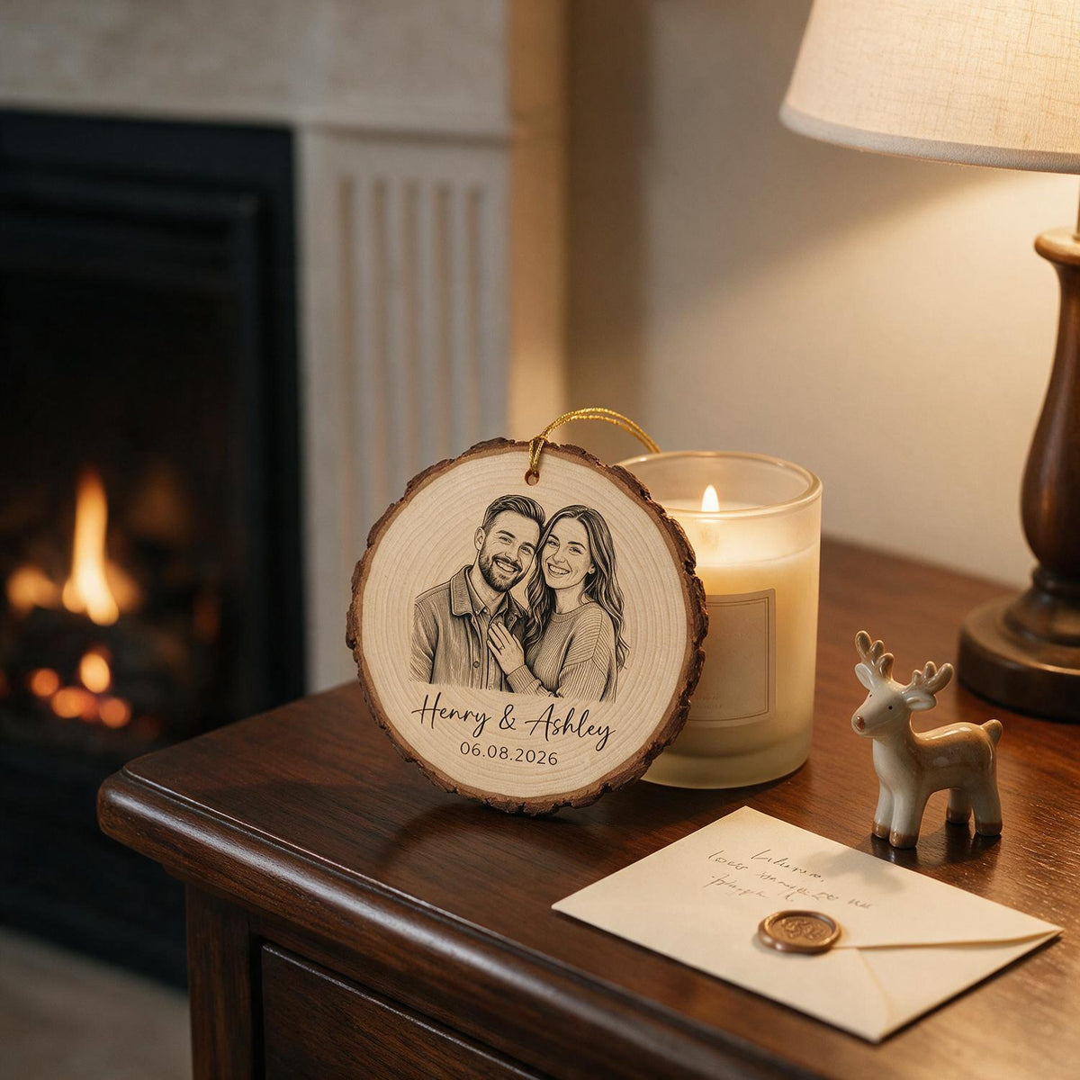 Sketch Style Couple Forever Love Custom Photo - Personalized Wooden Ornament - Christmas Gift, Anniversary Gift For Couple