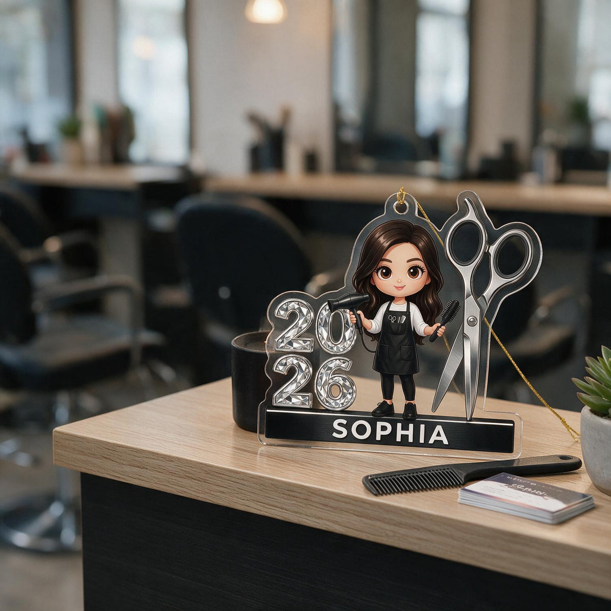 Ornement Acrylique Personnalisé Coiffeuse 2026 - Cadeau de Noël pour Coiffeur