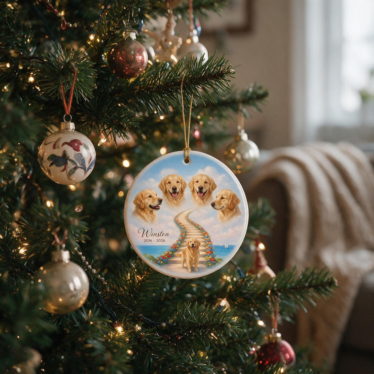 Pet Memorial Stairway To Heaven - Personalized Ceramic Ornament - Custom Pet Photo, Pet Loss Gift, Sympathy Gift