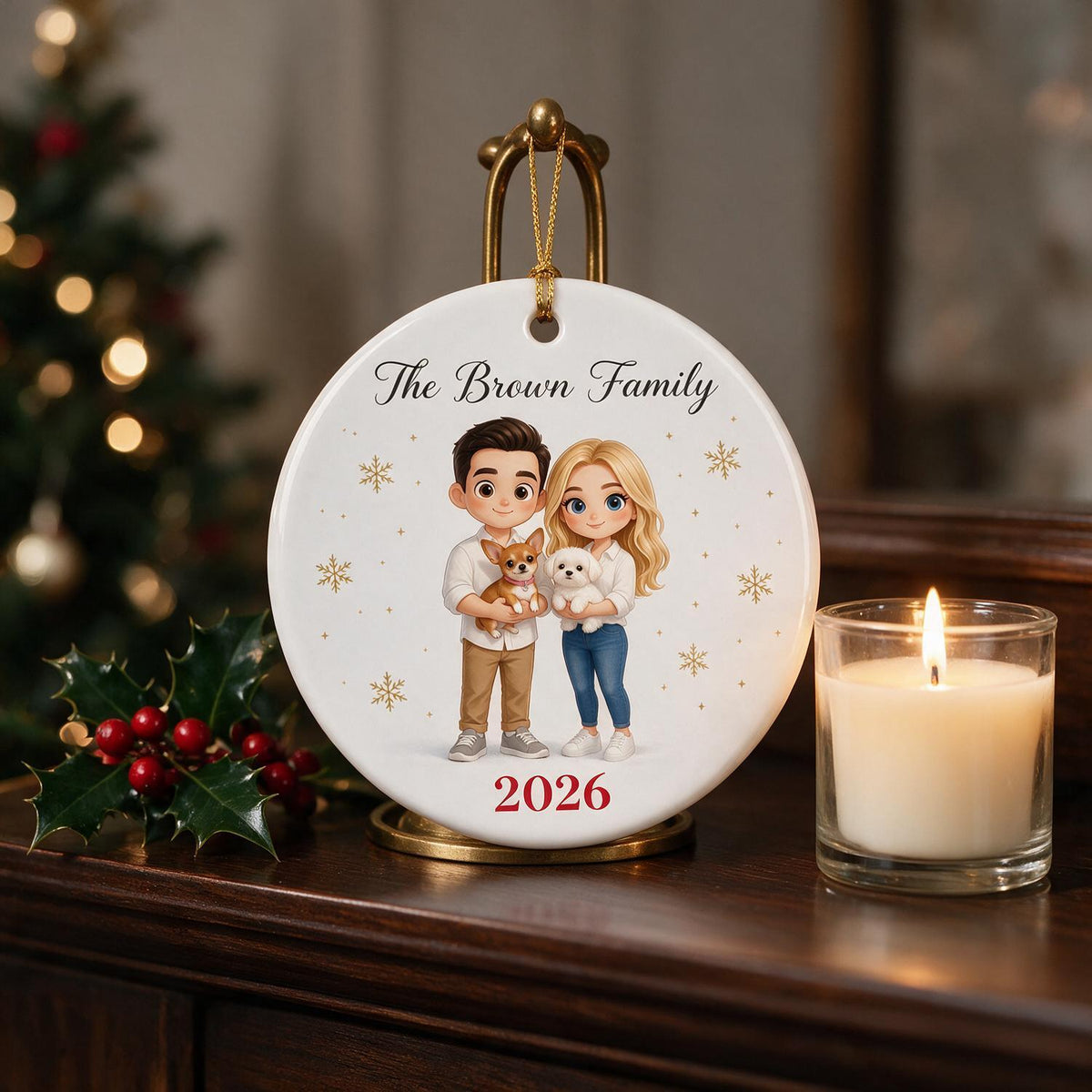 Personalized Christmas Family & Pet Cartoon Portrait Ceramic Ornament Keepsake
