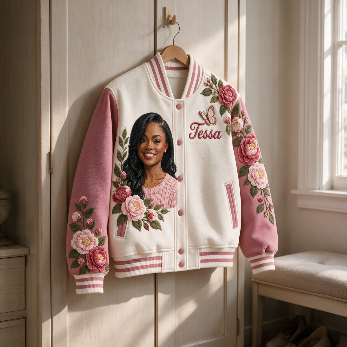 Personalized Camellia Varsity Jacket - Women's Embroidered Portrait and Name Design
