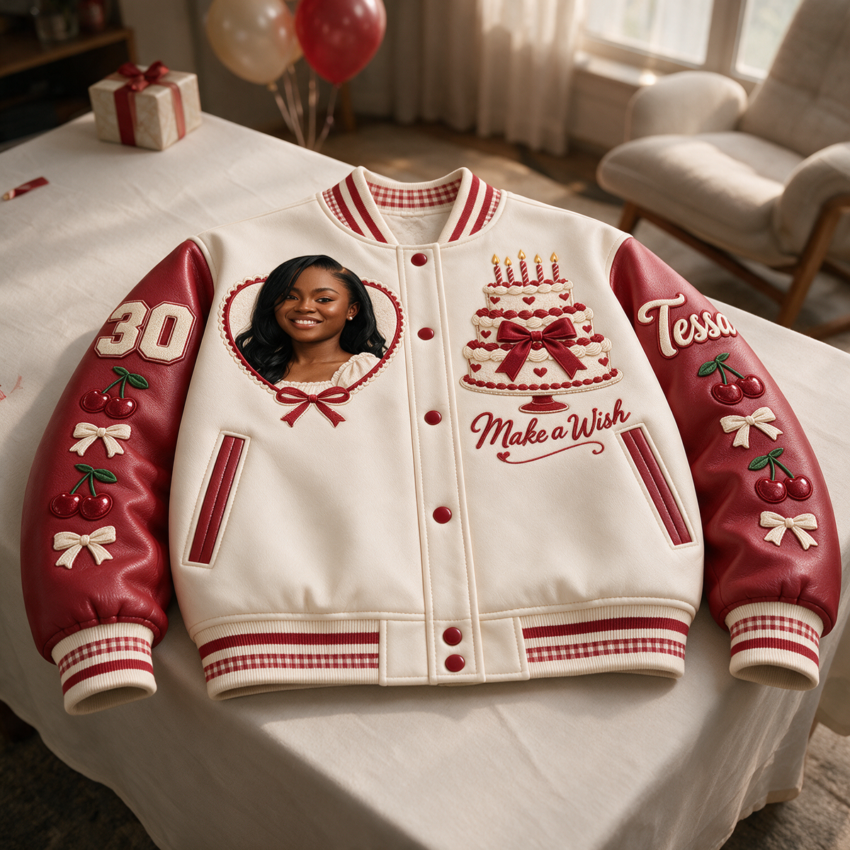 Personalized 30th Birthday Varsity Jacket - Cake, Cherries & Photo Portrait
