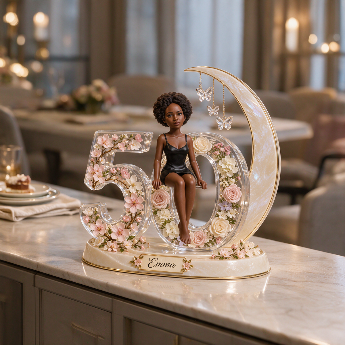 Personalized Custom Photo Crescent Moon Acrylic Number Figurine Display - 50th Birthday Gift for Women