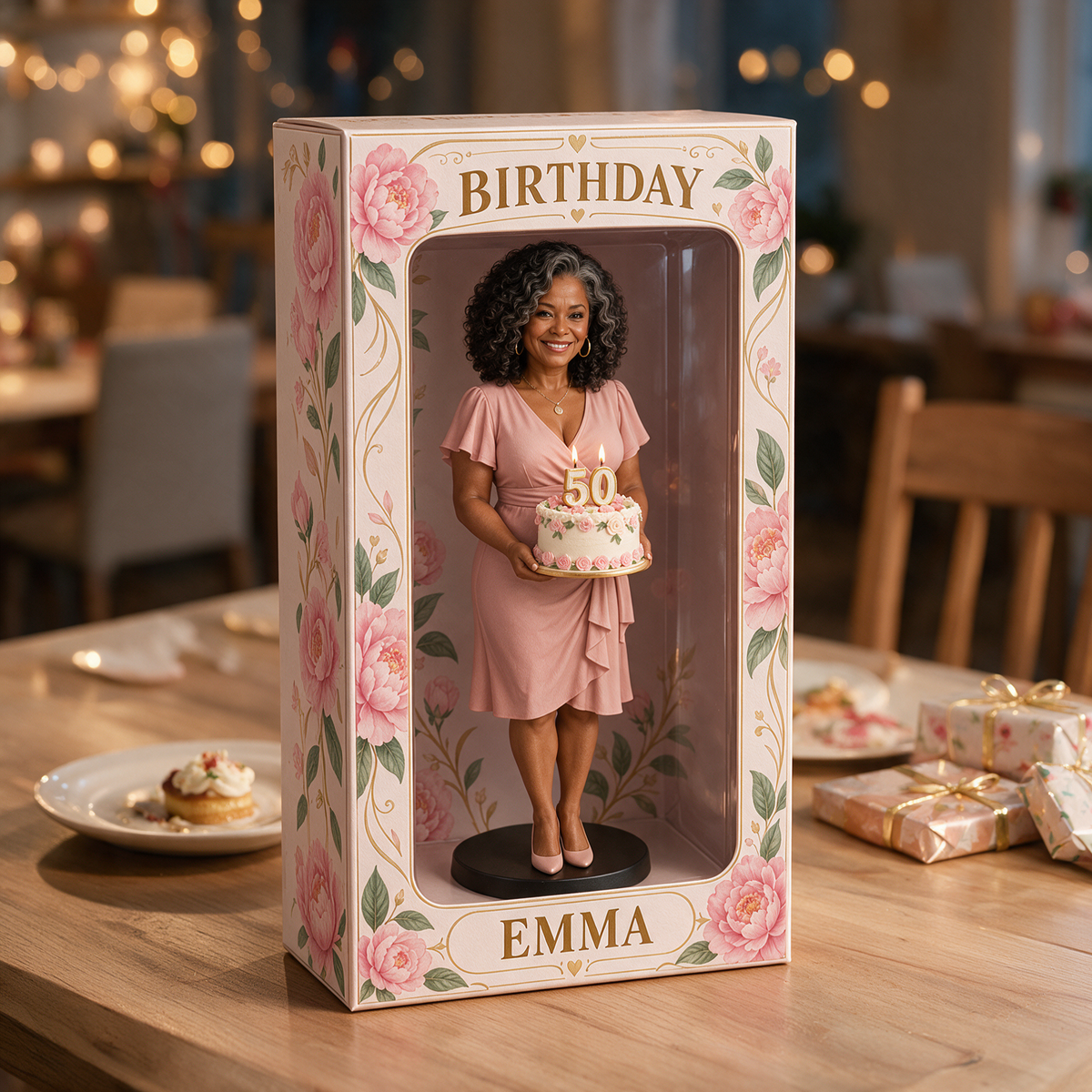 Personalized Custom Photo Pink Peony Figurine Display Box - 50th Birthday Gift for Women