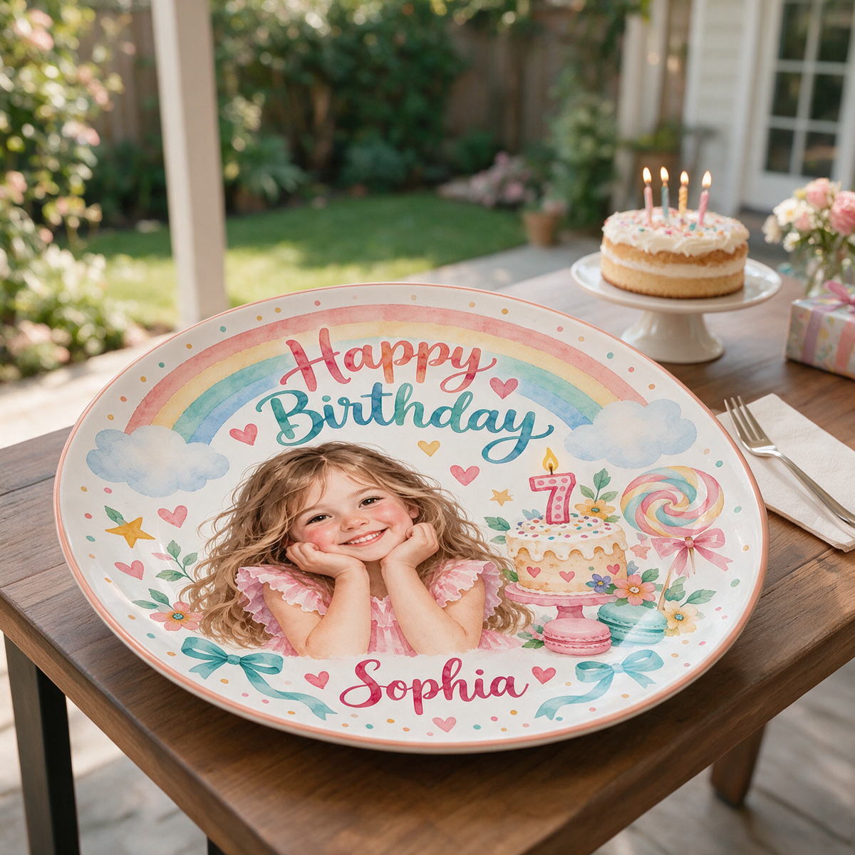Personalized Birthday Ceramic Round Plate - Rainbow Watercolor Portrait Gift