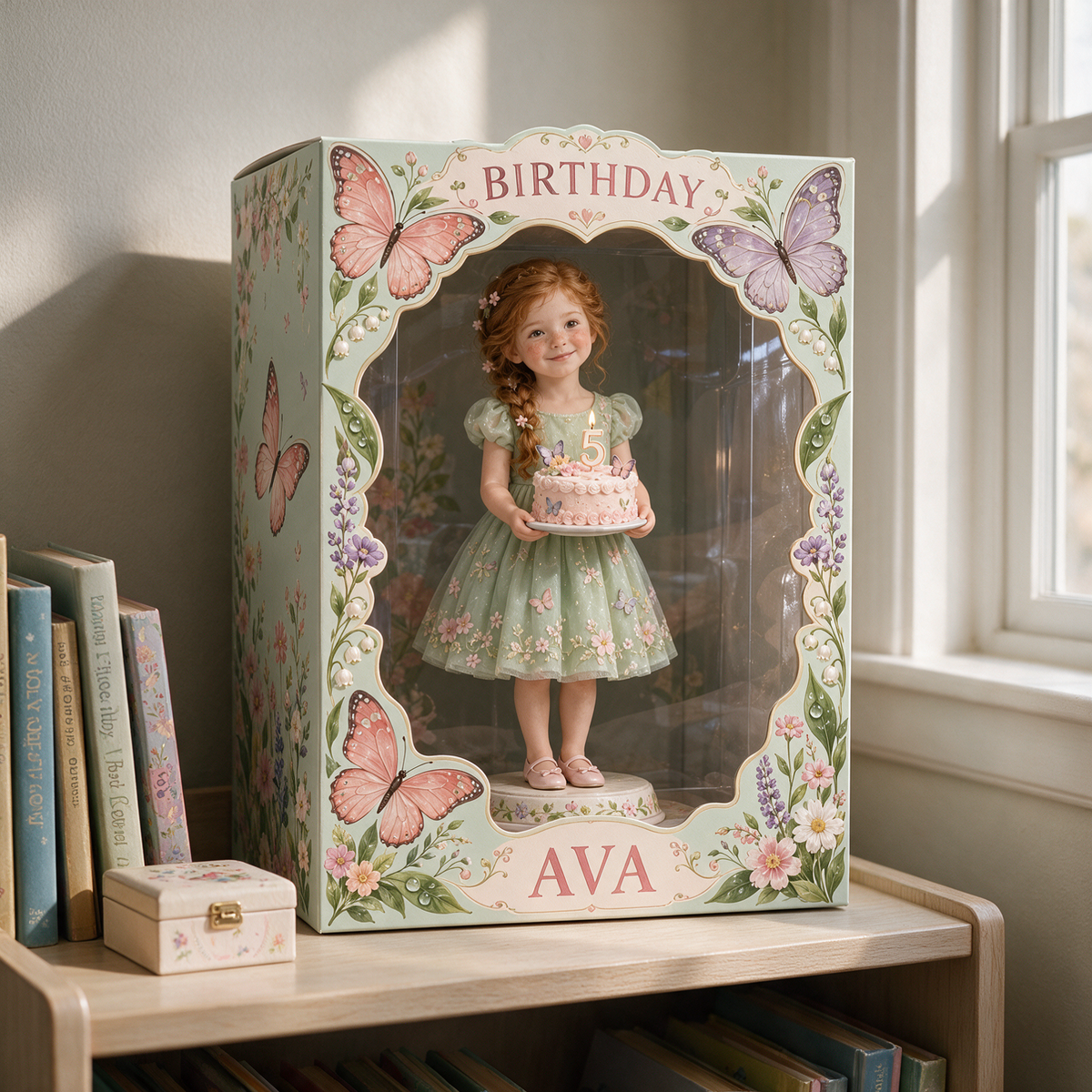 Personalisierte Acryl-Displaybox für Fotos im Schmetterlingsgarten - 5. Geburtstag Geschenk für Mädchen
