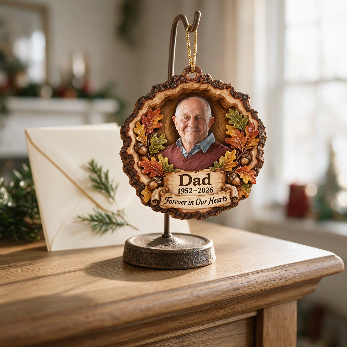 Personalized Custom Photo Dad Memorial Oak Leaf Layered Wood Ornament - Christmas Remembrance Keepsake