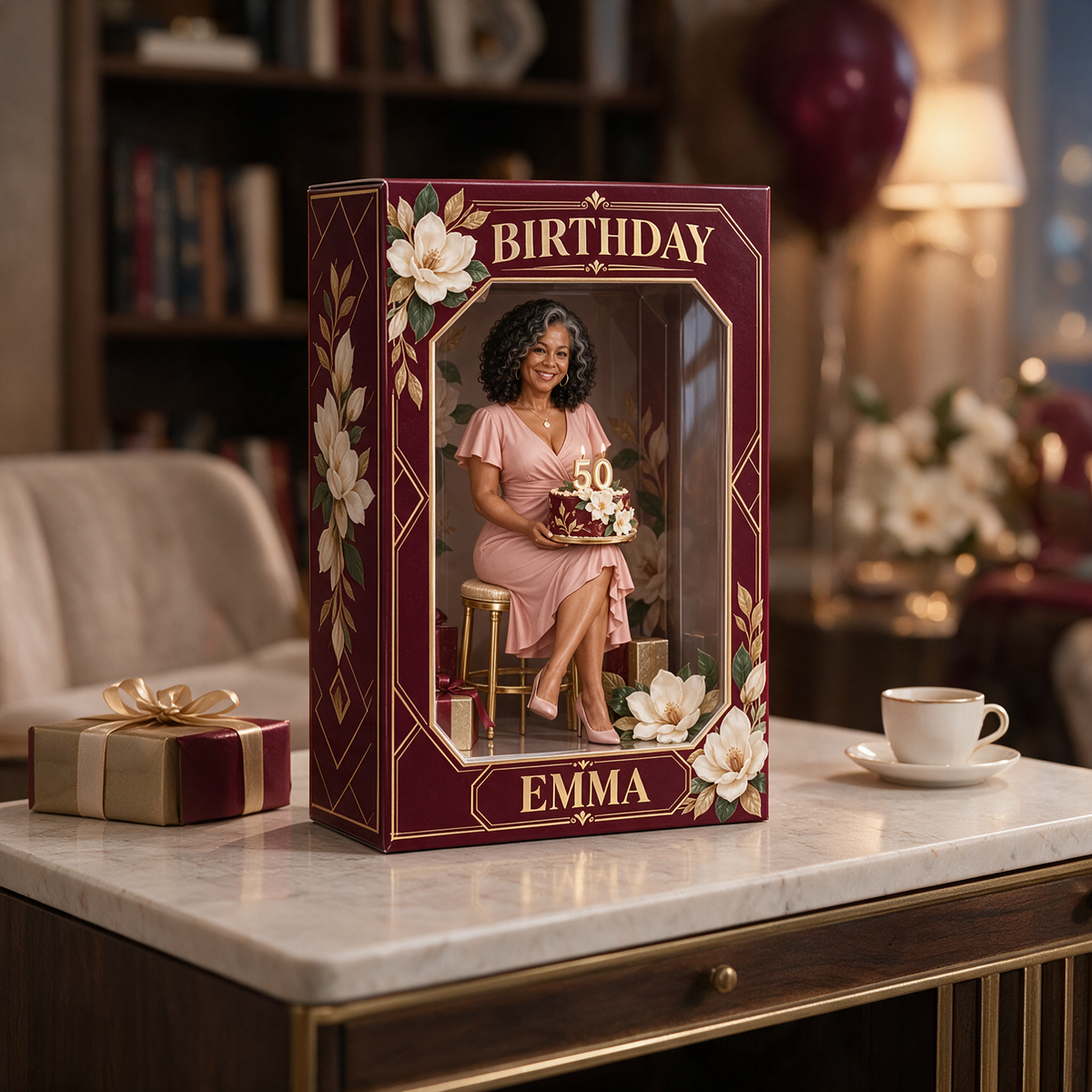 Personalized Custom Photo Magnolia Figurine in Acrylic Display Box - 50th Birthday Gift for Women