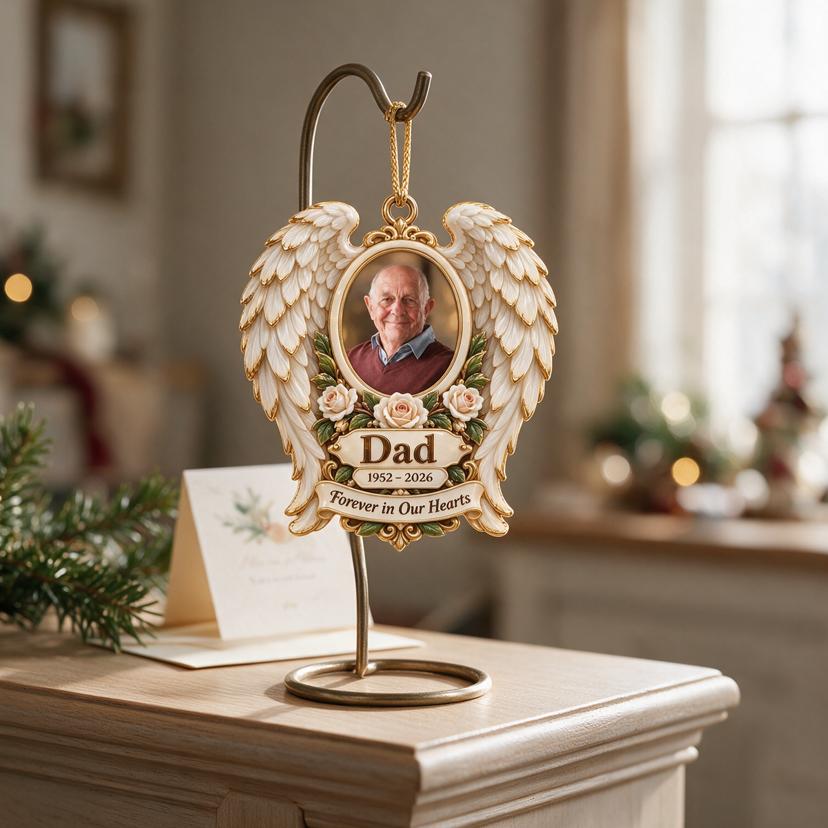 Personalized Custom Photo Dad Memorial Angel Wings Rose 3D Ornament - Christmas Remembrance Keepsake