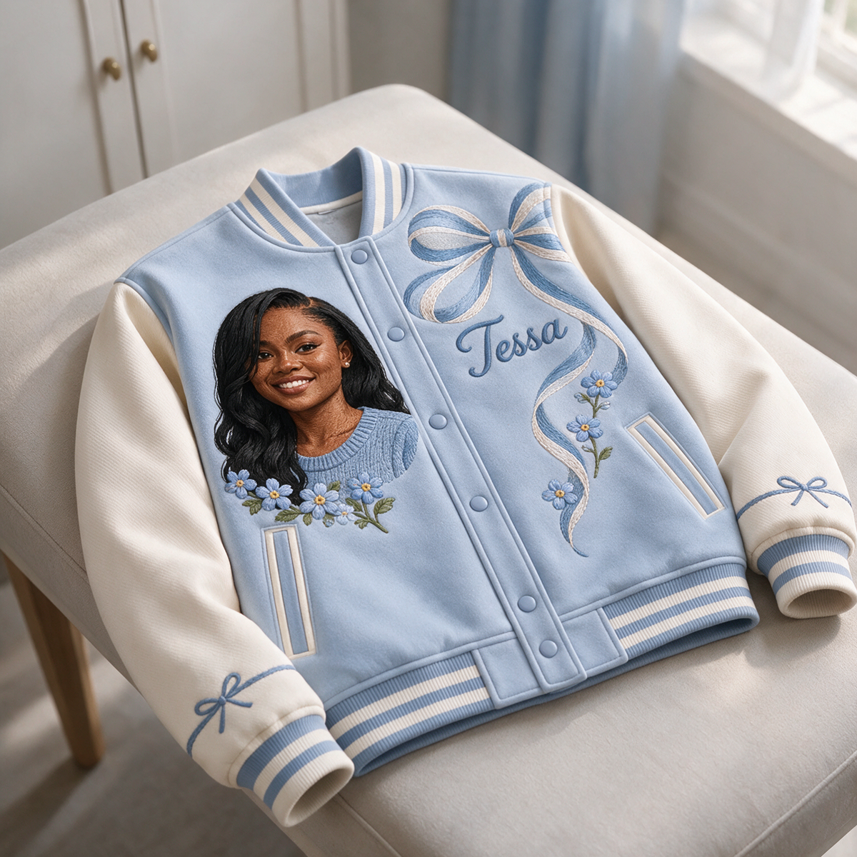 Personalized Blue Bow Varsity Jacket - Women's Birthday Gift with Portrait and Name