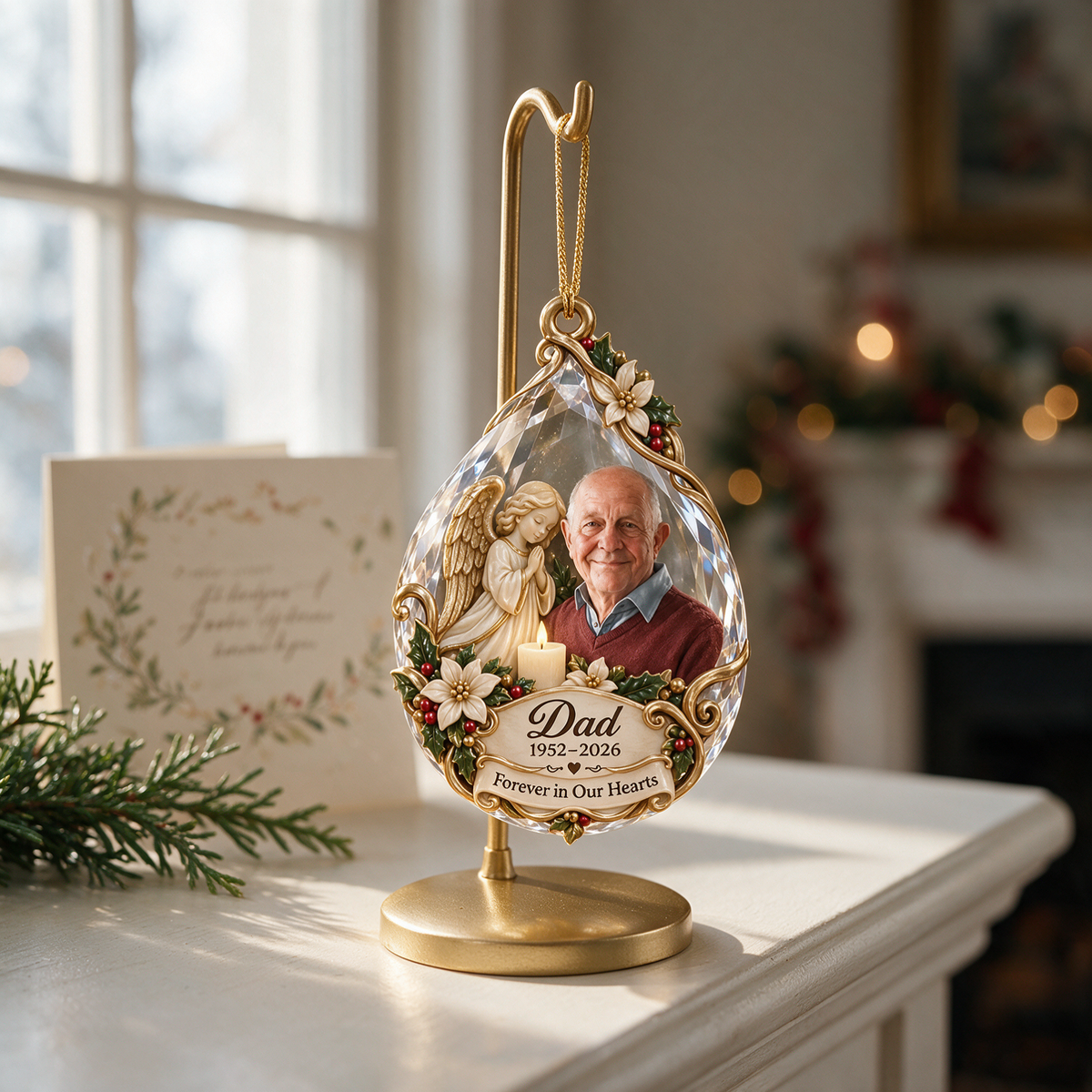 Personalized Custom Photo Dad Memorial Angel Candle Teardrop 3D Ornament - Christmas Remembrance Keepsake