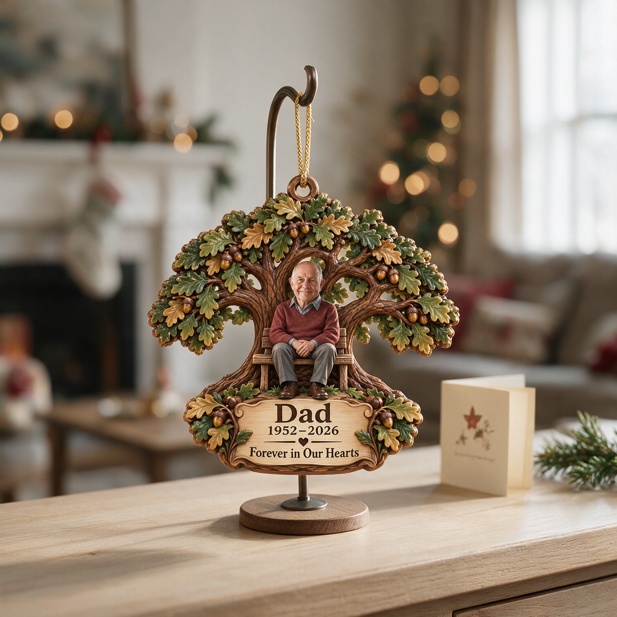 Personalized Custom Photo Dad Memorial Oak Tree Bench Layered Wood Ornament - Christmas Remembrance Keepsake