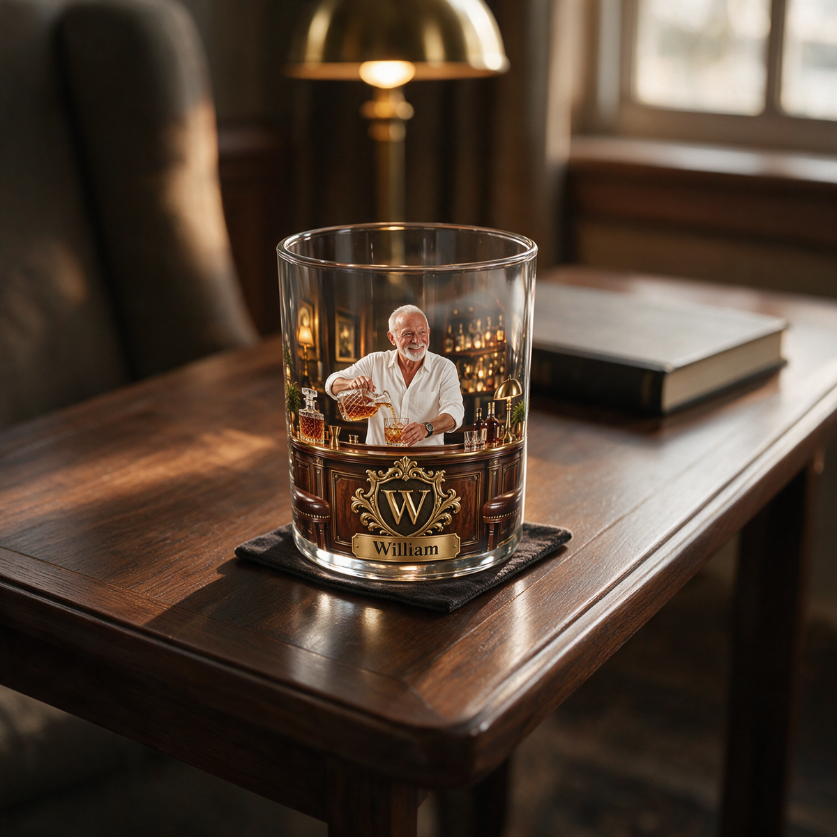 Personalisierbares Whiskeyglas mit Porträt, Name und Initialen