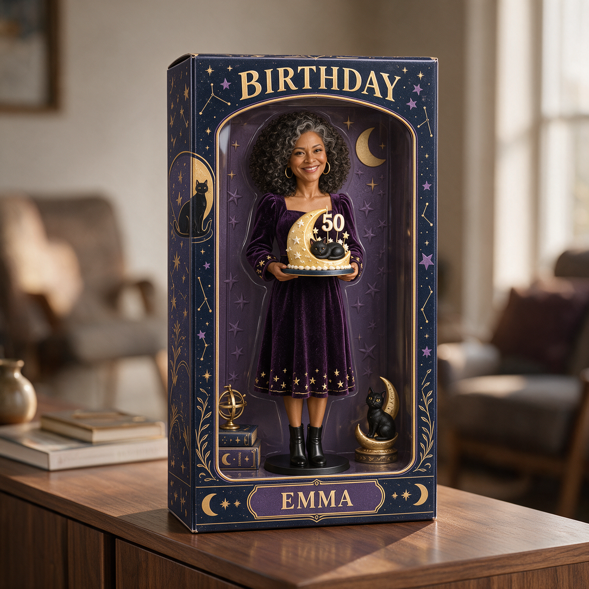 Personalized Witch Acrylic Display Box - Celestial Black Cat Birthday Figurine Gift