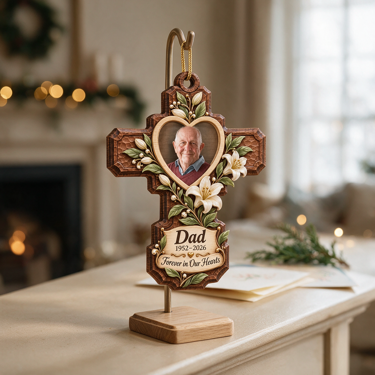 Personalized Custom Photo Dad Memorial Cross Layered Wood Ornament - Christmas Remembrance Keepsake