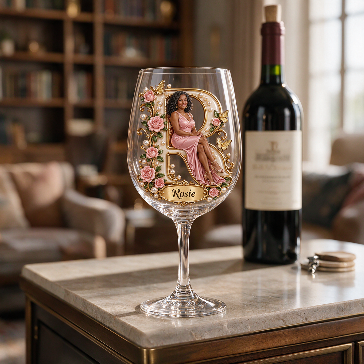 Personalized Custom Photo Rose and Butterfly Wine Glass - Gift for Older Women