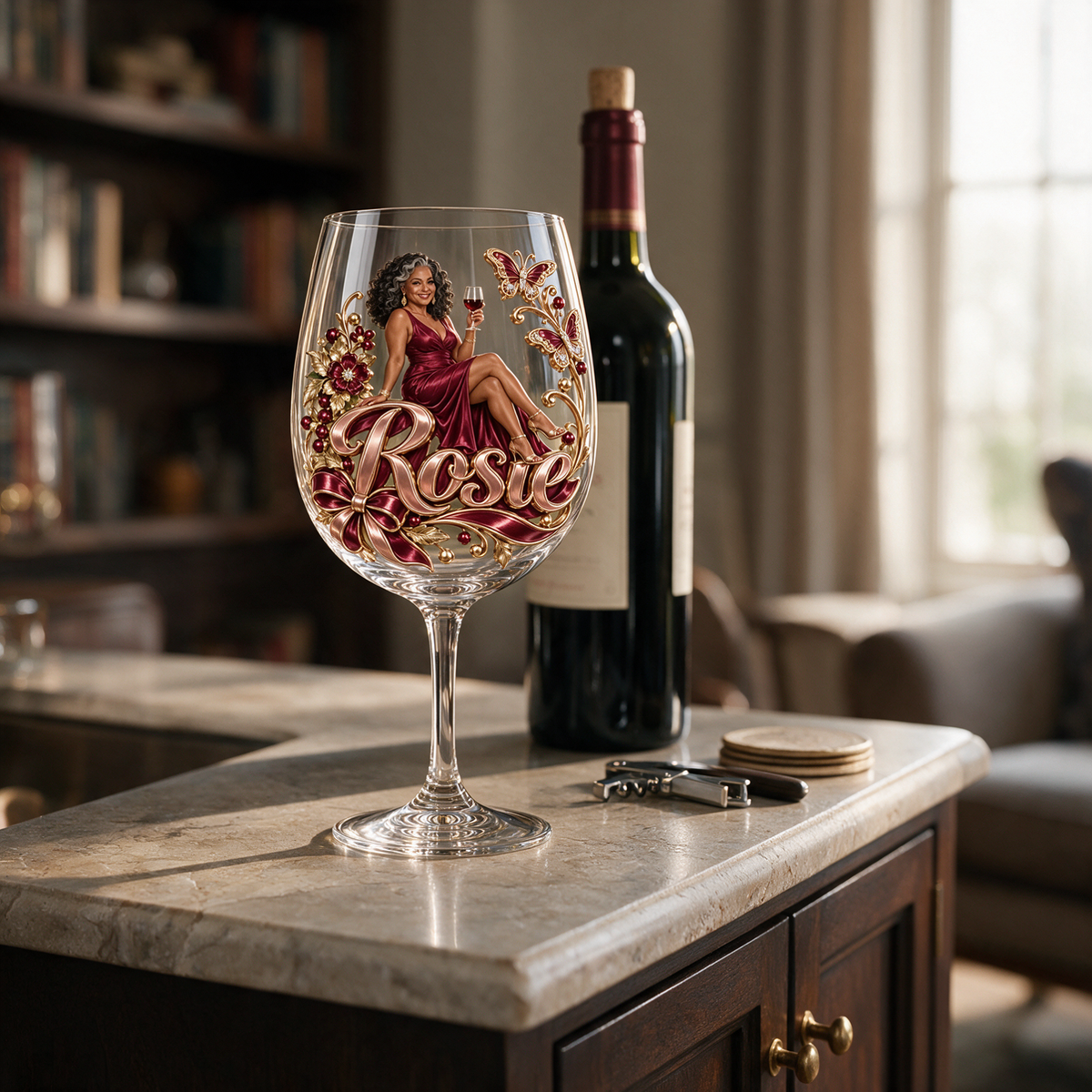 Personalized Custom Photo Floral Butterfly Wine Glass - Gift for Older Women