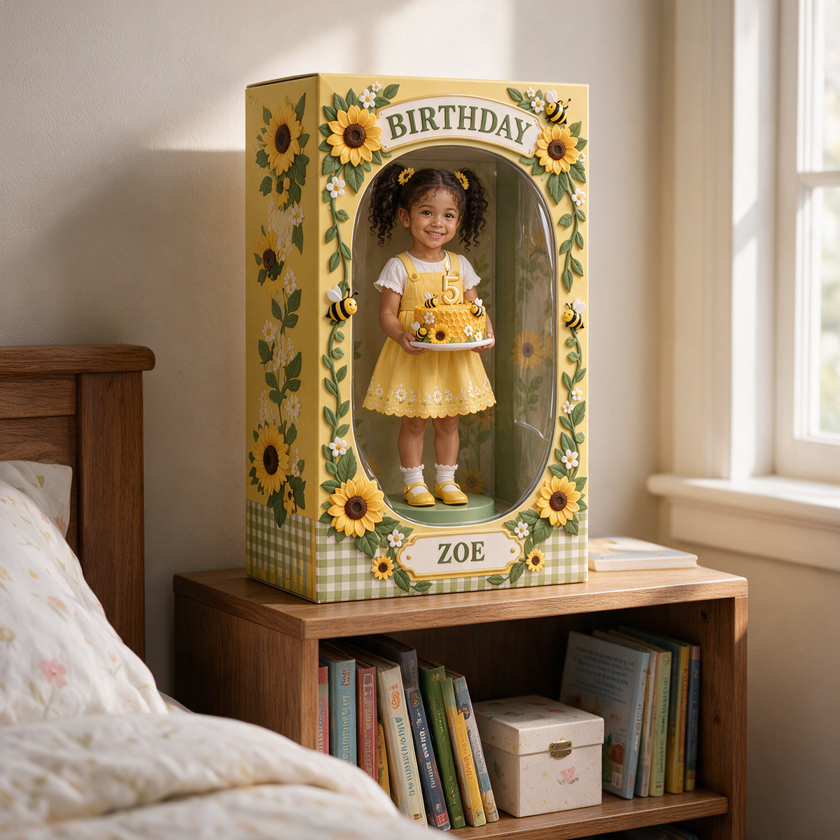 Personalisierte benutzerdefinierte Foto Sonnenblume Biene Acryl Display Box - 5. Geburtstagsgeschenk für Mädchen