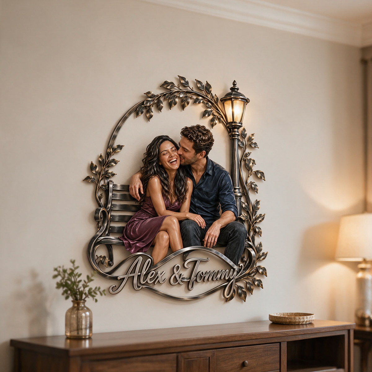 Banc de parc photo personnalisé en métal 3D - Cadeau pour couples