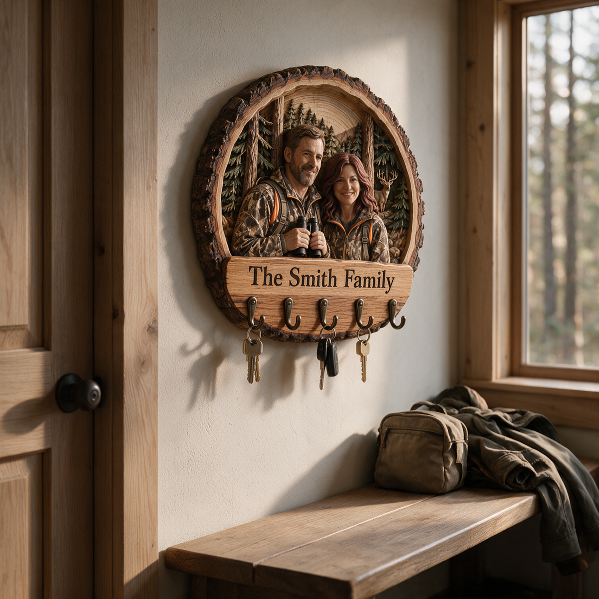 Personalized Hunting Key Rack - Woodland Couple with 5 Hooks