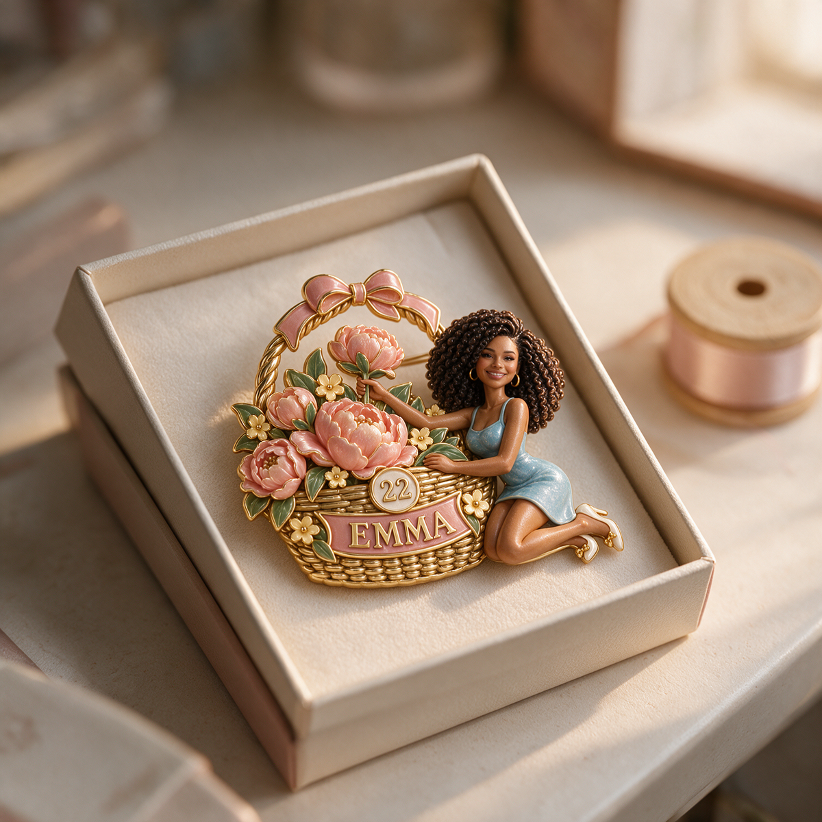 Personalized Birthday Flower Basket Brooch - Sculpted Portrait, Name and Age