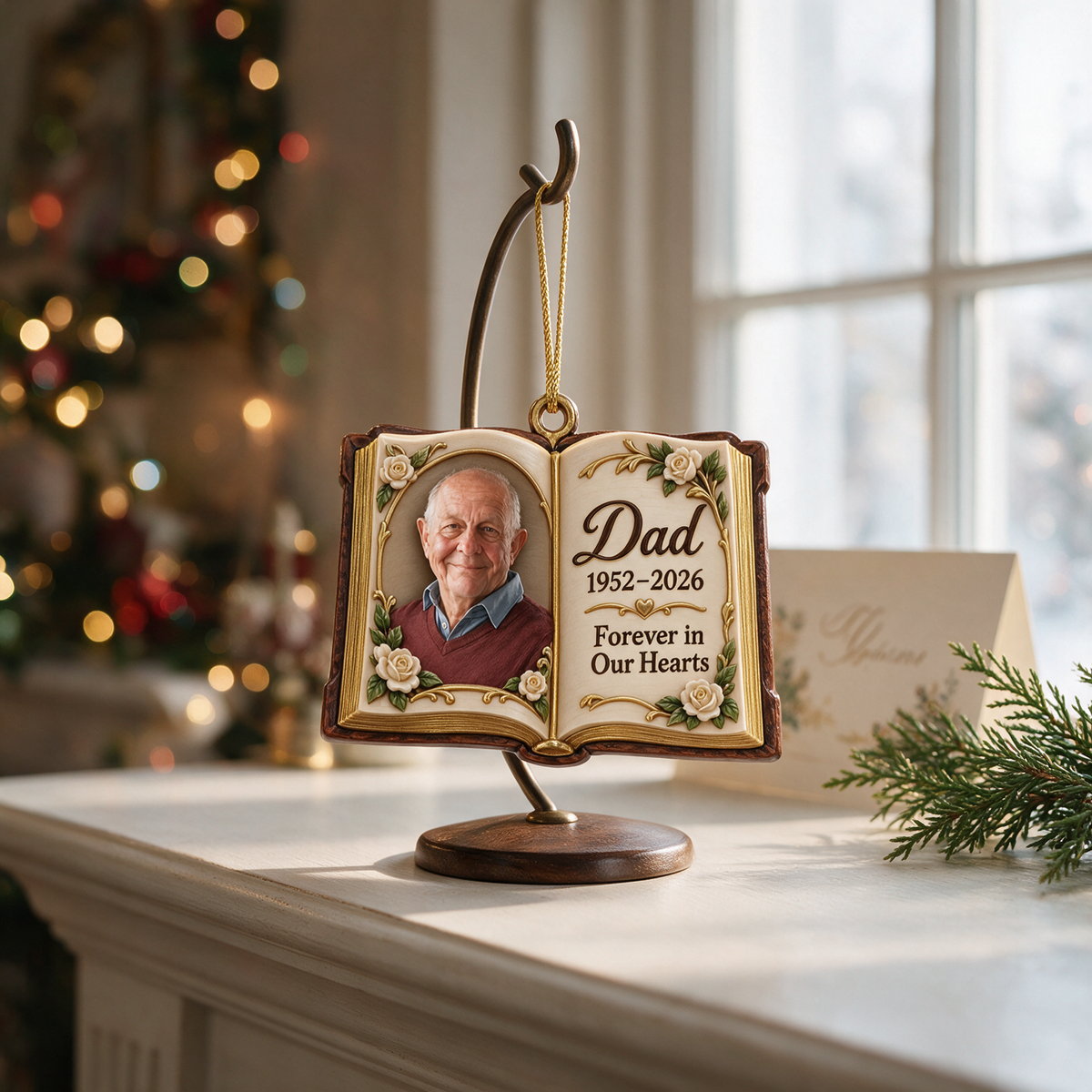 Personalized Custom Photo Dad Memorial Open Book Layered Wood Ornament - Christmas Remembrance Keepsake
