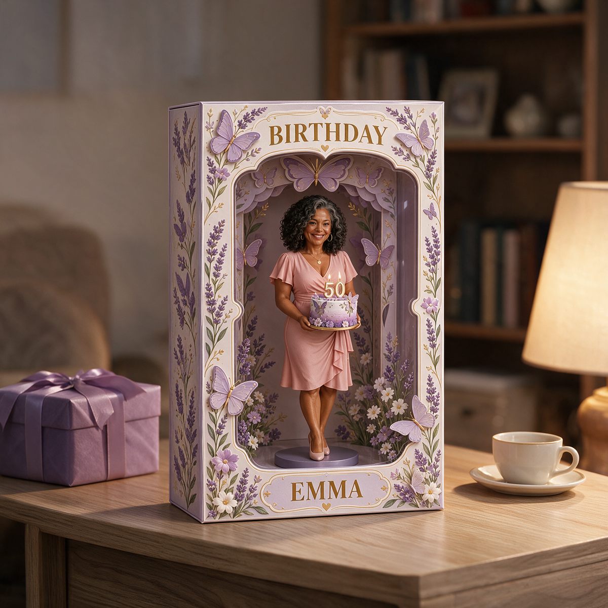 Personalized Custom Photo Lavender Butterfly Figurine in Acrylic Display Box - 50th Birthday Gift for Women