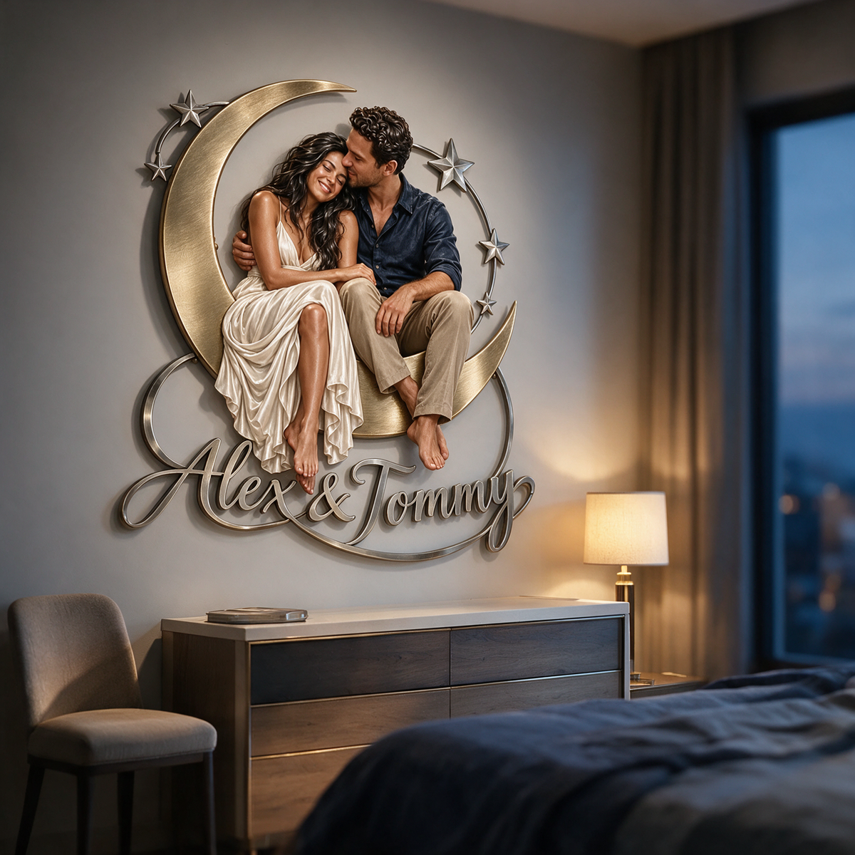 Personalisierte 3D Metall Wandkunst Mond und Sterne für Paare - Schlafzimmer Dekor Geschenk für junge Paare