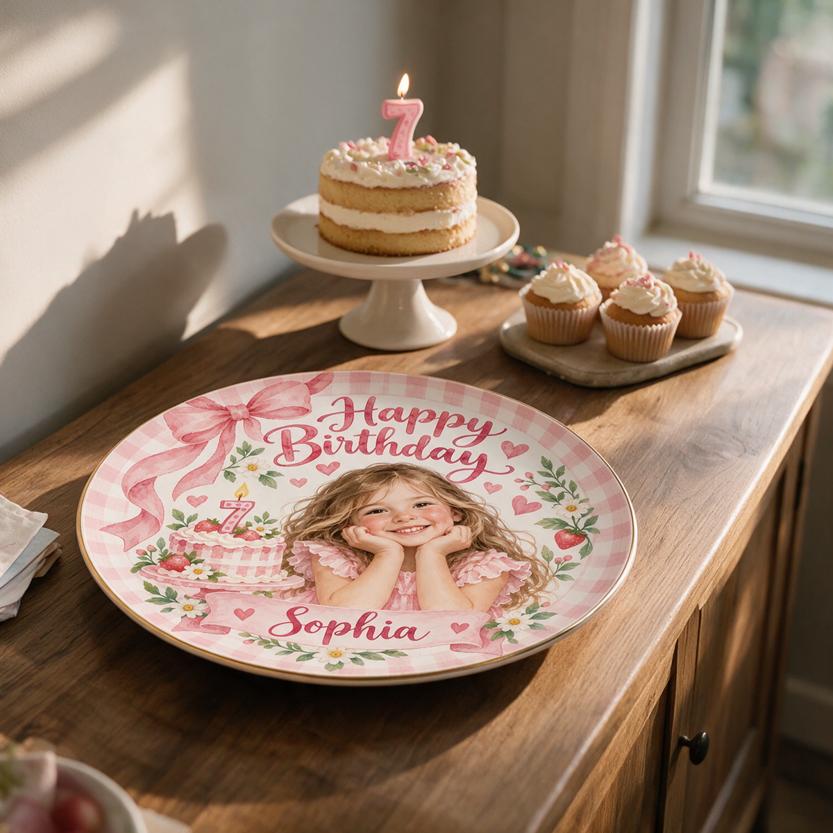 Personalized Birthday Ceramic Round Plate - Custom Portrait, Name and Age, Pink Bow and Floral Design