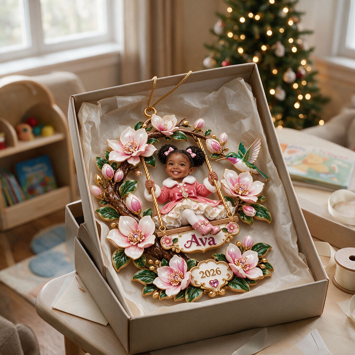 Personalized Custom Photo Magnolia Swing 3D Ornament - 2026 Christmas Gift for Little Girls